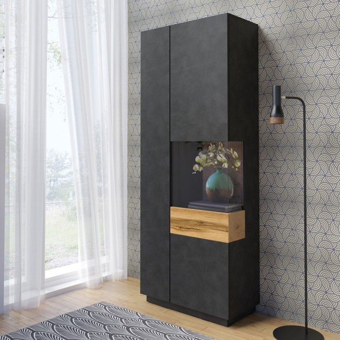 Vitrine collection KILES coloris gris anthracite et chêne. Modèle vitrine à droite. LED intégrée