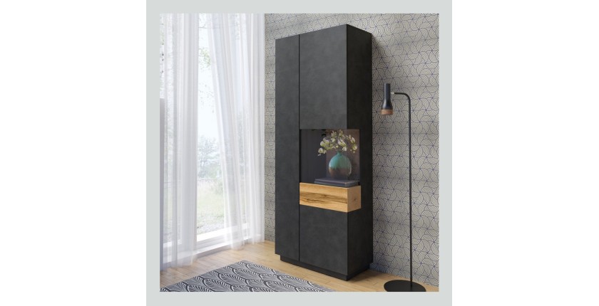 Vitrine collection KILES coloris gris anthracite et chêne. Modèle vitrine à droite. LED intégrée