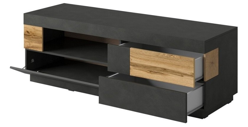 Meuble TV 160cm collection KILES. Coloris gris anthracite et chêne. Style design.