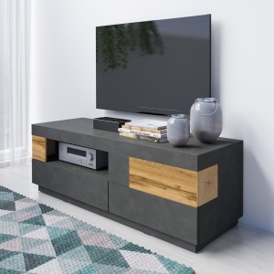 Meuble TV 160cm collection KILES. Coloris gris anthracite et chêne. Style design.