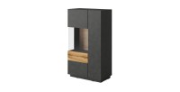 Buffet haut avec LED collection KILES deux portes. Coloris gris anthracite et chêne. Porte vitrée à gauche