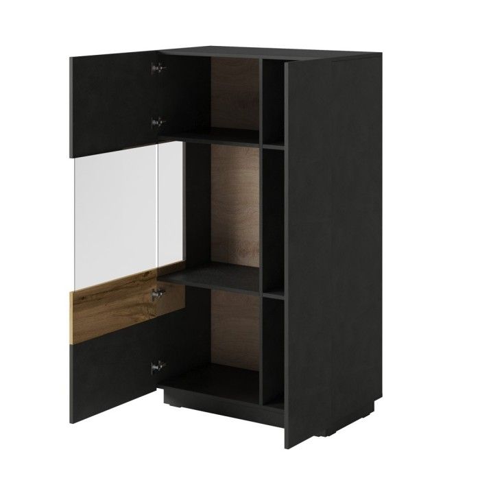 Buffet haut avec LED collection KILES deux portes. Coloris gris anthracite et chêne. Porte vitrée à gauche