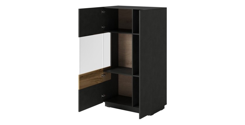 Buffet haut avec LED collection KILES deux portes. Coloris gris anthracite et chêne. Porte vitrée à gauche