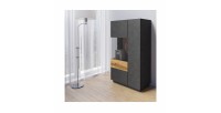 Buffet haut avec LED collection KILES deux portes. Coloris gris anthracite et chêne. Porte vitrée à gauche