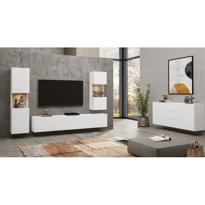 Petite vitrine suspendue 1 porte partiellement vitrée collection EVA. Couleur blanc et chêne.