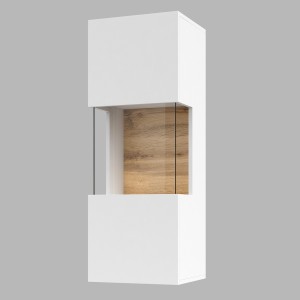 Petite vitrine suspendue 1 porte partiellement vitrée collection EVA. Couleur blanc et chêne.