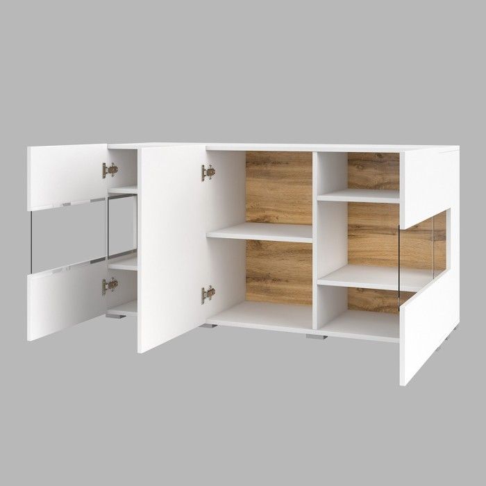Buffet 120cm collection EVA 3 portes. Couleur blanc et chêne.