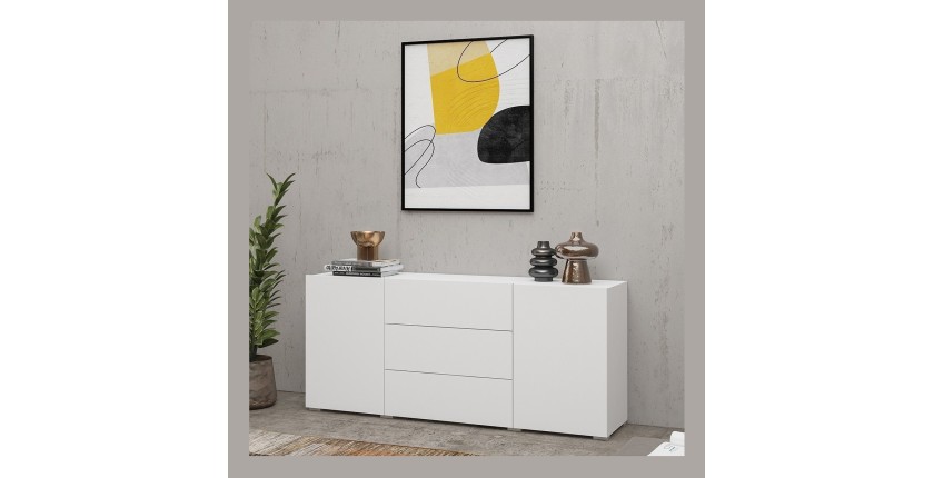 Buffet 140cm collection EVA 2 portes et 3 tiroirs. Couleur blanc et chêne.