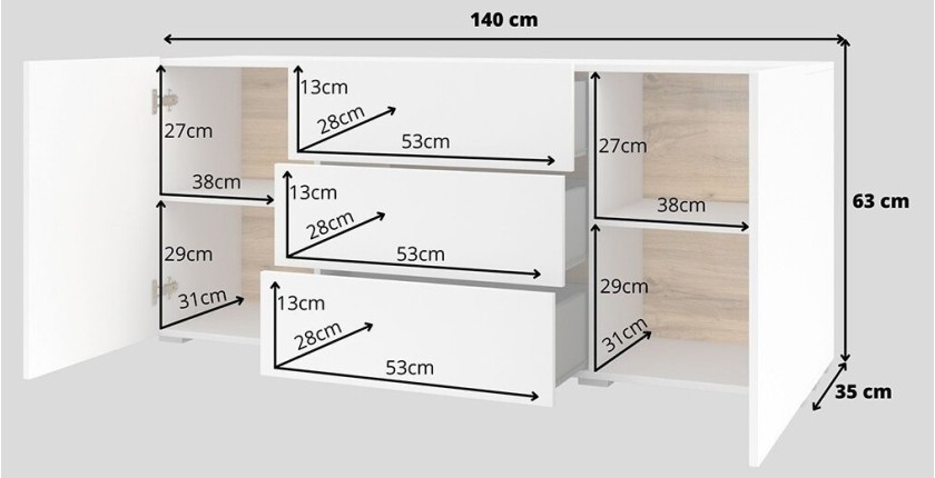 Buffet 140cm collection EVA 2 portes et 3 tiroirs. Couleur blanc et chêne.