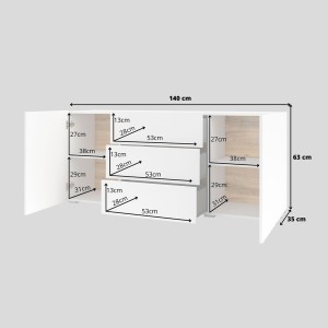 Buffet 140cm collection EVA 2 portes et 3 tiroirs. Couleur blanc et chêne.
