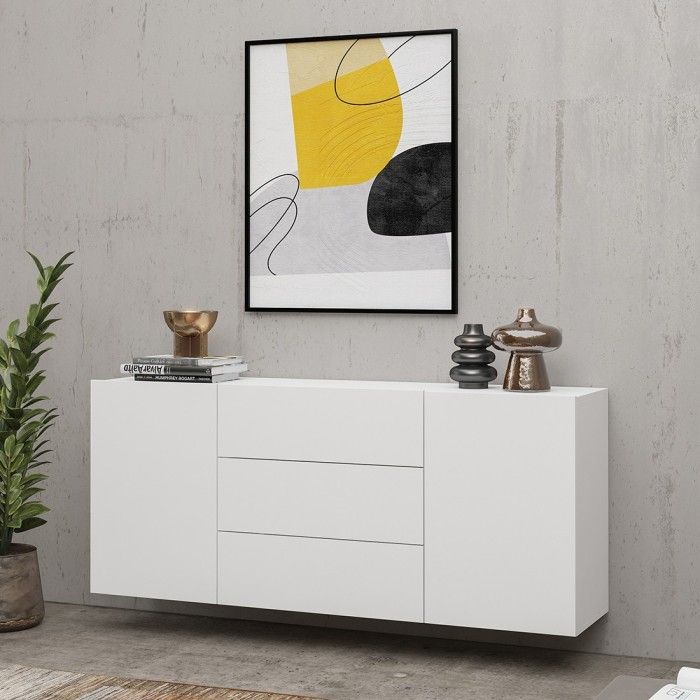 Buffet 140cm collection EVA 2 portes et 3 tiroirs. Couleur blanc et chêne.