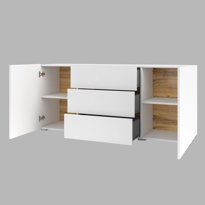 Buffet 140cm collection EVA 2 portes et 3 tiroirs. Couleur blanc et chêne.