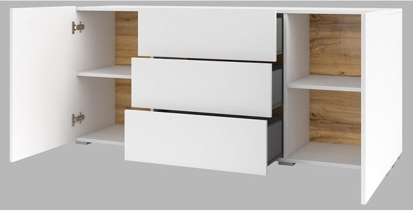 Buffet 140cm collection EVA 2 portes et 3 tiroirs. Couleur blanc et chêne.
