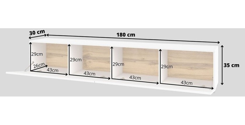 Meuble TV 180cm collection EVA. Couleur blanc et chêne.