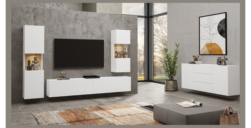 Ensemble de 4 meubles de salon collection EVA. Couleur blanc et chêne.