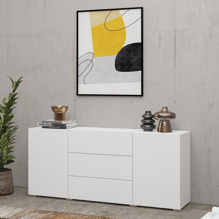 Ensemble de 4 meubles de salon collection EVA. Couleur blanc et chêne.