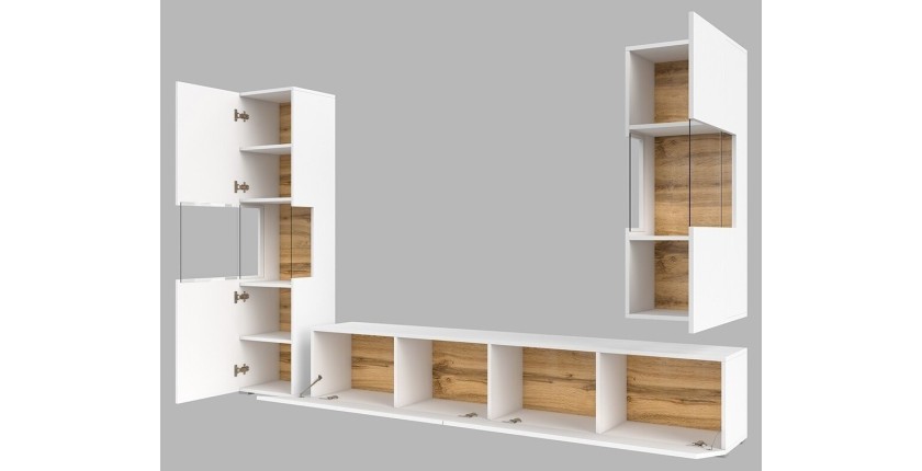 Ensemble de 3 meubles de salon collection EVA. Couleur blanc et chêne.