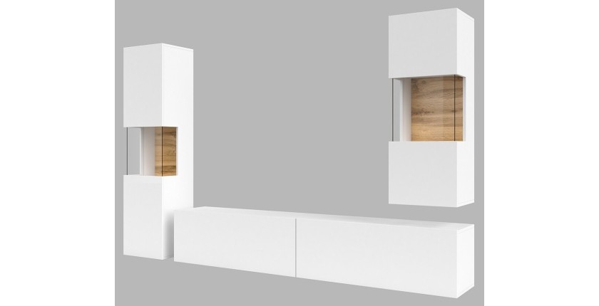 Ensemble de 3 meubles de salon collection EVA. Couleur blanc et chêne.