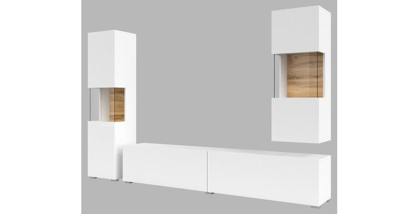 Ensemble de 3 meubles de salon collection EVA. Couleur blanc et chêne.