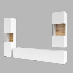 Ensemble de 3 meubles de salon collection EVA. Couleur blanc et chêne.