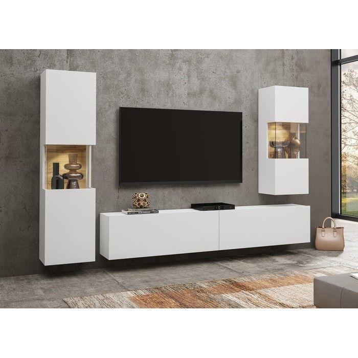 Ensemble de 3 meubles de salon collection EVA. Couleur blanc et chêne.