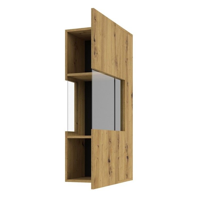Petite vitrine suspendue 1 porte partiellement vitrée collection EVA. Couleur chêne et noir.