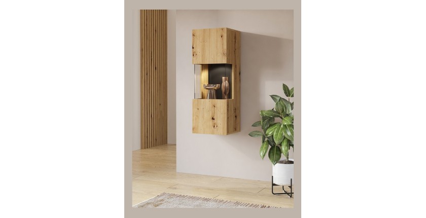Petite vitrine suspendue 1 porte partiellement vitrée collection EVA. Couleur chêne et noir.