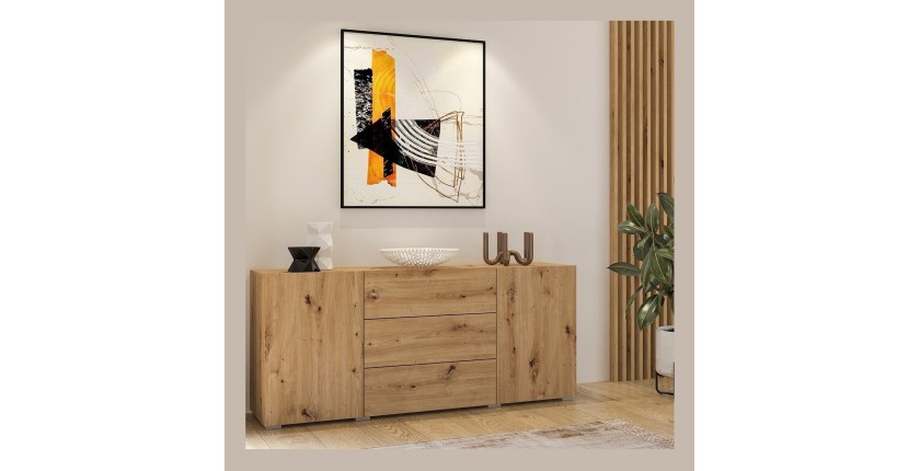 Buffet 140cm collection EVA 2 portes et 3 tiroirs. Couleur chêne et noir.
