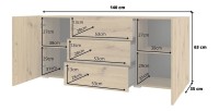 Buffet 140cm collection EVA 2 portes et 3 tiroirs. Couleur chêne et noir.