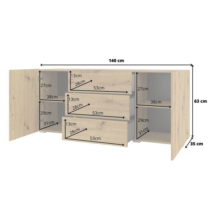 Buffet 140cm collection EVA 2 portes et 3 tiroirs. Couleur chêne et noir.