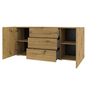 Buffet 140cm collection EVA 2 portes et 3 tiroirs. Couleur chêne et noir.