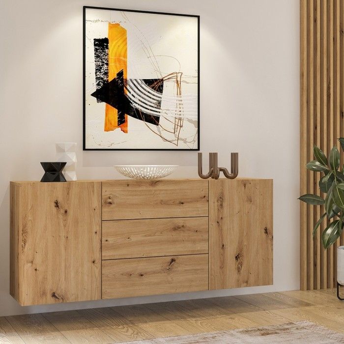 Buffet 140cm collection EVA 2 portes et 3 tiroirs. Couleur chêne et noir.