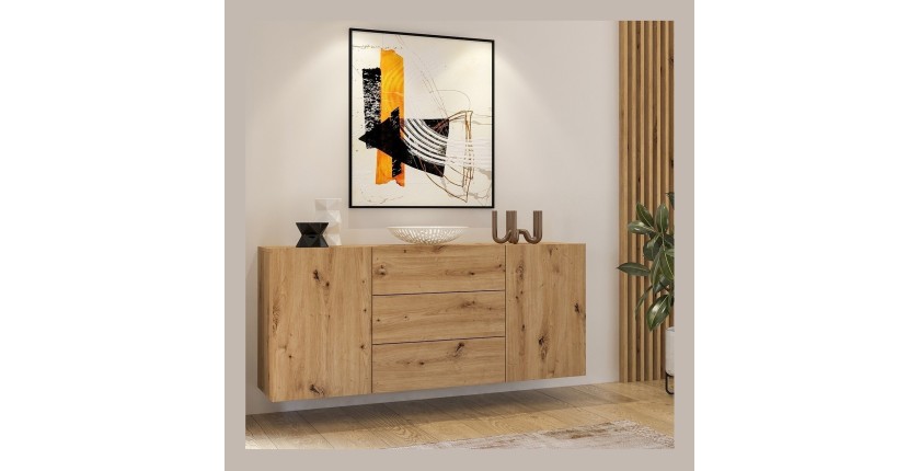 Buffet 140cm collection EVA 2 portes et 3 tiroirs. Couleur chêne et noir.