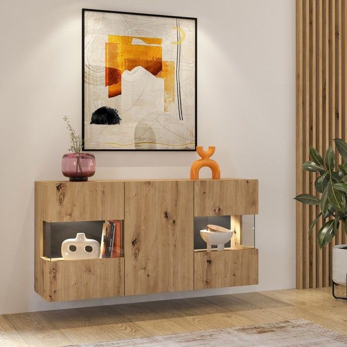 Ensemble de 4 meubles de salon collection EVA. Couleur chêne et noir.