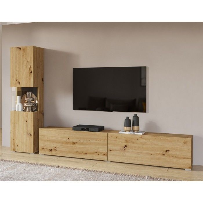 Ensemble meuble TV et vitrine collection EVA. Couleur chêne et noir.