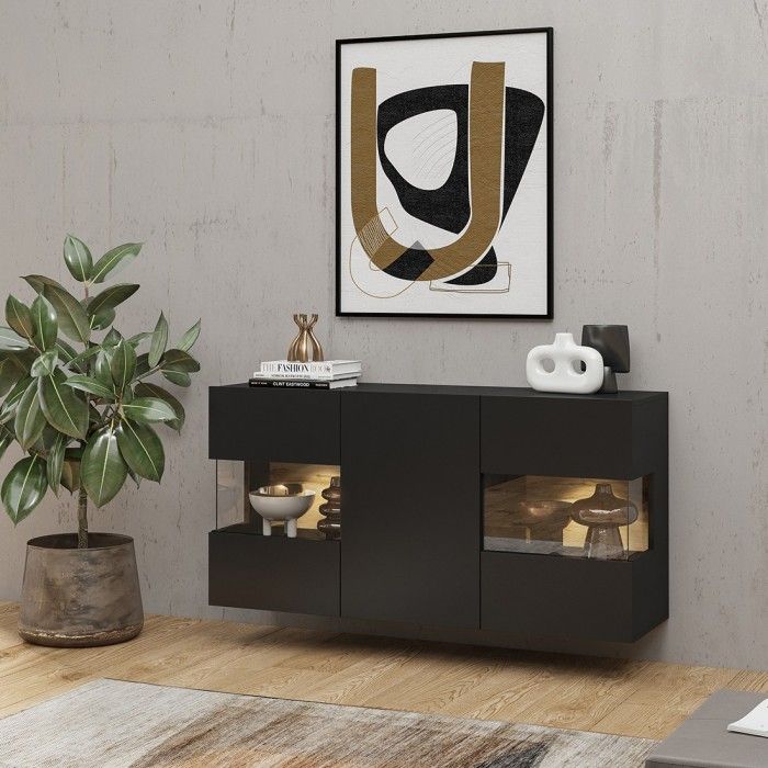 Buffet 120cm collection EVA 3 portes. Couleur noir et chêne.