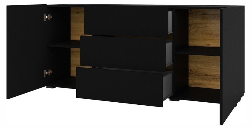 Buffet 140cm collection EVA 2 portes et 3 tiroirs. Couleur noir et chêne.