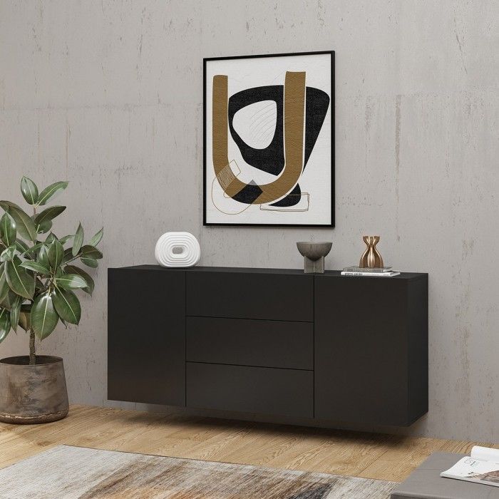 Buffet 140cm collection EVA 2 portes et 3 tiroirs. Couleur noir et chêne.