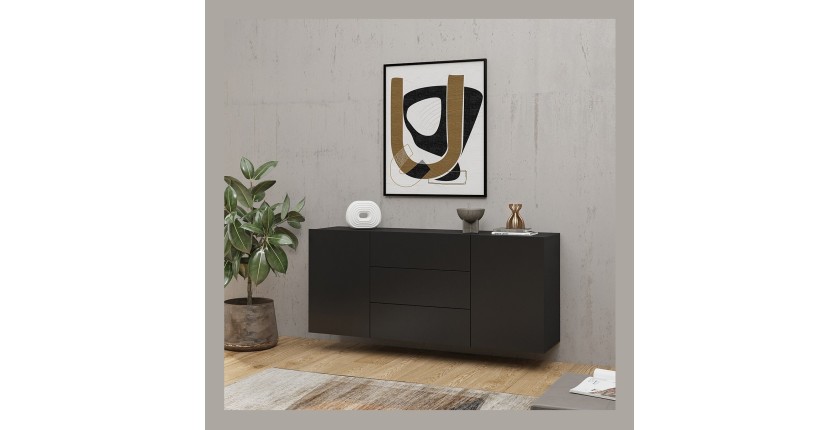 Buffet 140cm collection EVA 2 portes et 3 tiroirs. Couleur noir et chêne.