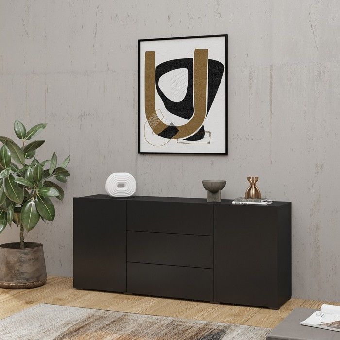 Buffet 140cm collection EVA 2 portes et 3 tiroirs. Couleur noir et chêne.