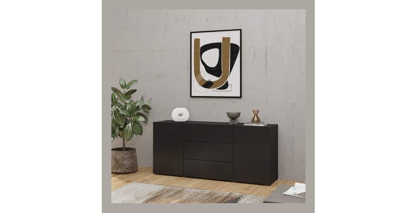 Buffet 140cm collection EVA 2 portes et 3 tiroirs. Couleur noir et chêne.