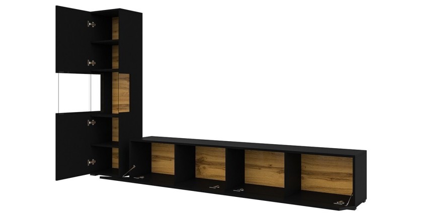 Ensemble meuble TV et vitrine collection EVA. Couleur noir et chêne.