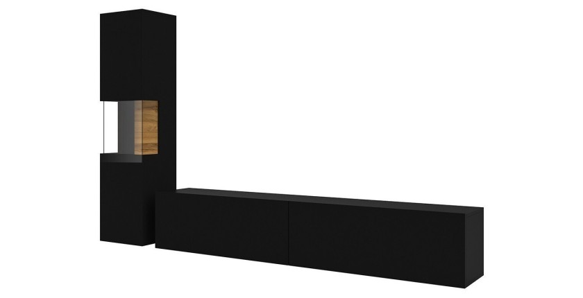Ensemble meuble TV et vitrine collection EVA. Couleur noir et chêne.