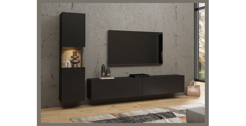 Ensemble meuble TV et vitrine collection EVA. Couleur noir et chêne.