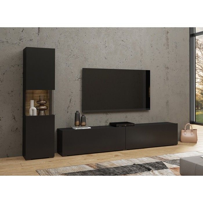 Ensemble meuble TV et vitrine collection EVA. Couleur noir et chêne.