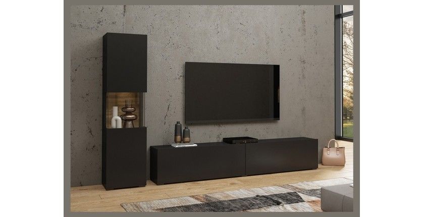 Ensemble meuble TV et vitrine collection EVA. Couleur noir et chêne.