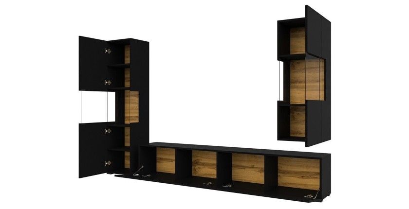 Ensemble de 3 meubles de salon collection EVA. Couleur noir et chêne.