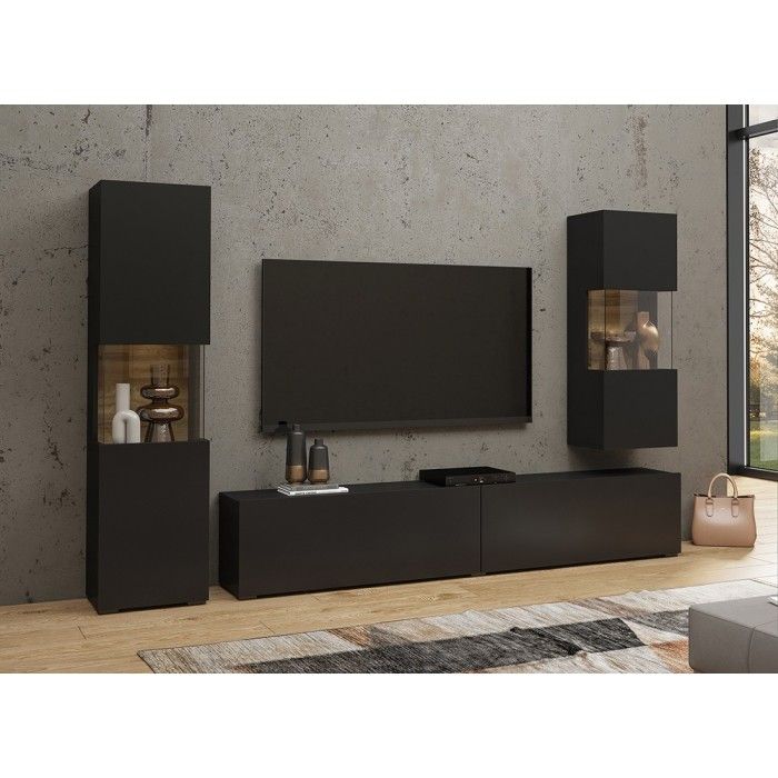 Ensemble de 3 meubles de salon collection EVA. Couleur noir et chêne.
