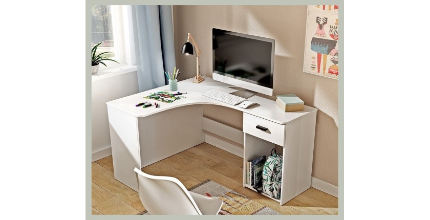 Bureau d'angle design avec nombreux rangements collection LOUANE coloris blanc.