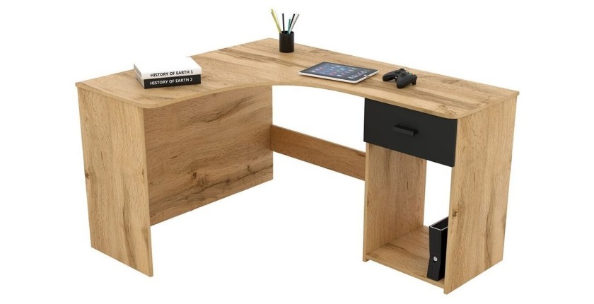 Bureau d'angle design avec nombreux rangements collection LOUANE coloris chêne et noir.